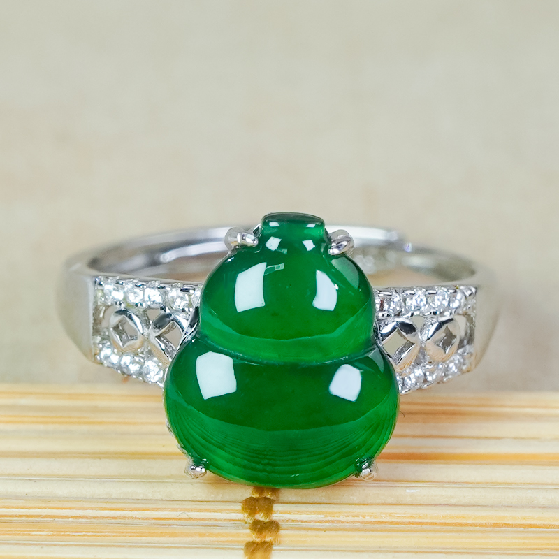 洛丽亚天然翡翠戒指A货银镶嵌精致镂空冰辣绿翡翠葫芦活口戒