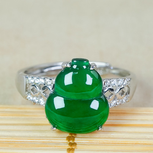洛丽亚天然翡翠戒指A货银镶嵌精致镂空冰辣绿翡翠葫芦活口戒