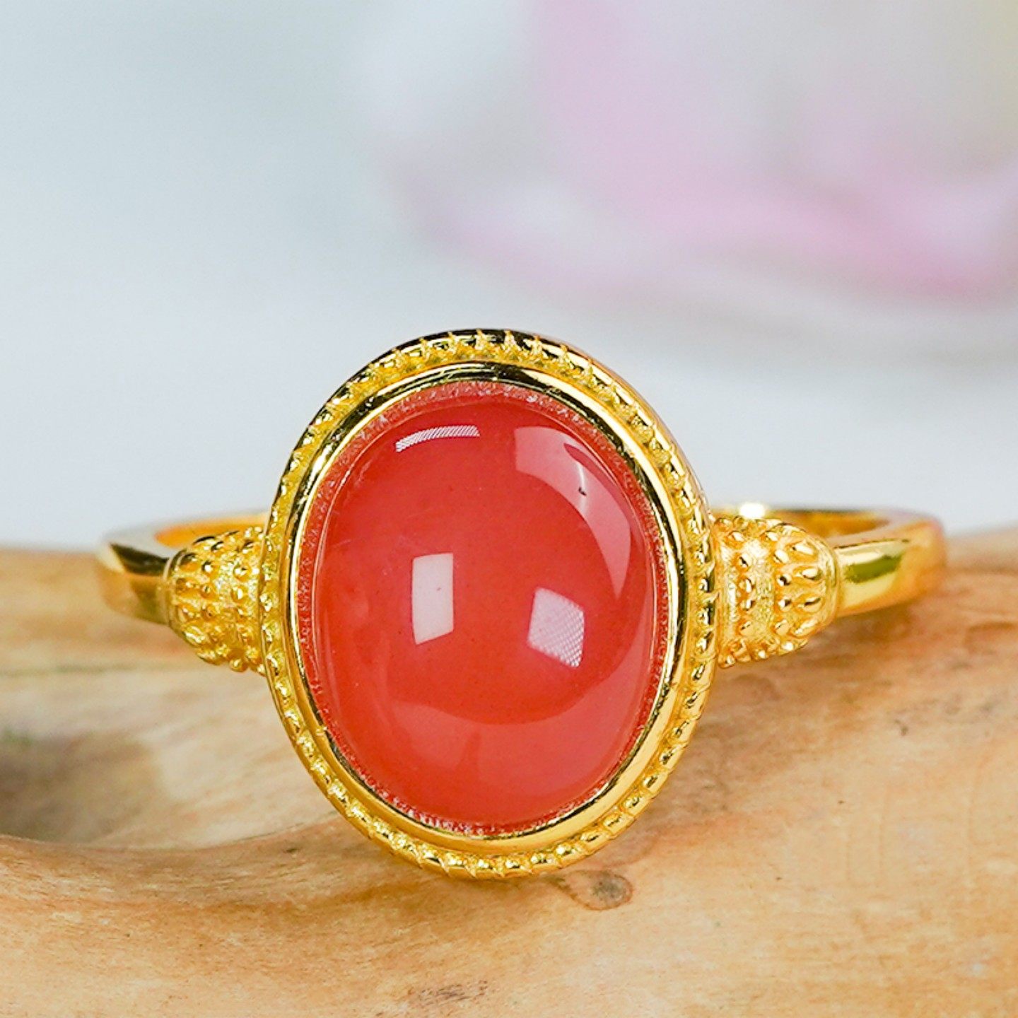 天然南红戒指银镶嵌精致简约古法工艺椭圆蛋面活口戒