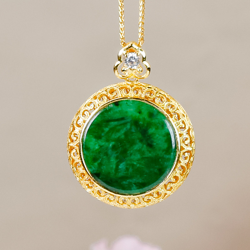 天然翡翠A货银镶嵌新中式国风设计感葫芦扣头辣绿翡翠圆牌吊坠