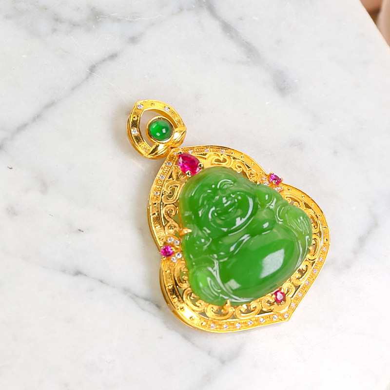 洛丽亚14K金天然和田玉 精致满绿碧玉佛公吊坠（大款）