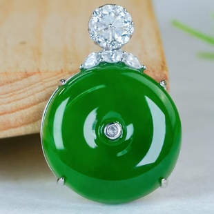 天然和田玉平安扣吊坠银925镶嵌冰润简镶花朵扣头碧玉圆牌项链