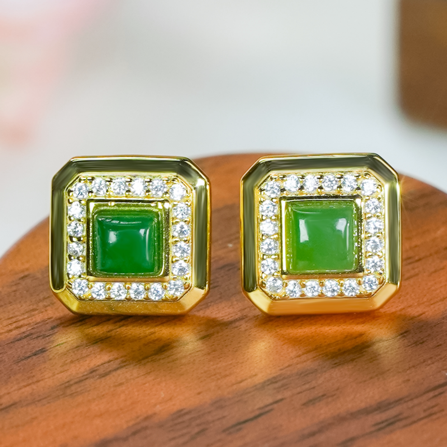 925银镶嵌天然和田玉蛋面耳钉时尚简约小巧碧玉方形耳饰