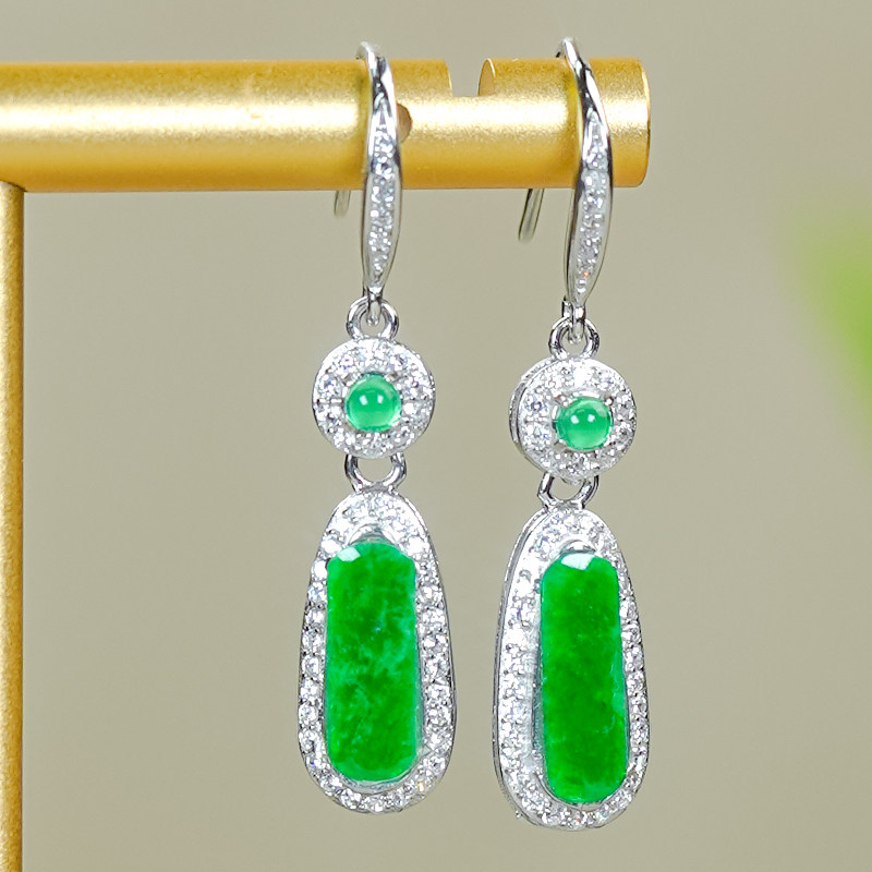 时尚天然满绿翡翠A货龙石银白色椭圆水滴耳环耳钩耳坠（小号）