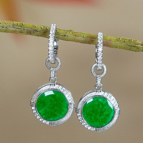 送老婆送爱人天然翡翠A货气质高级感满绿翡翠银白色圆牌耳坠耳包