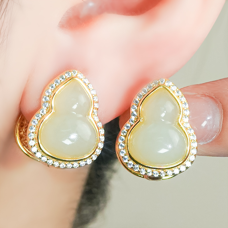 天然和田玉耳饰银镶白玉葫芦耳钉