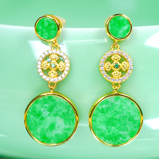 三生有幸天然翡翠A货银镶时尚简约长款阳绿翡翠双圆牌耳钉耳环