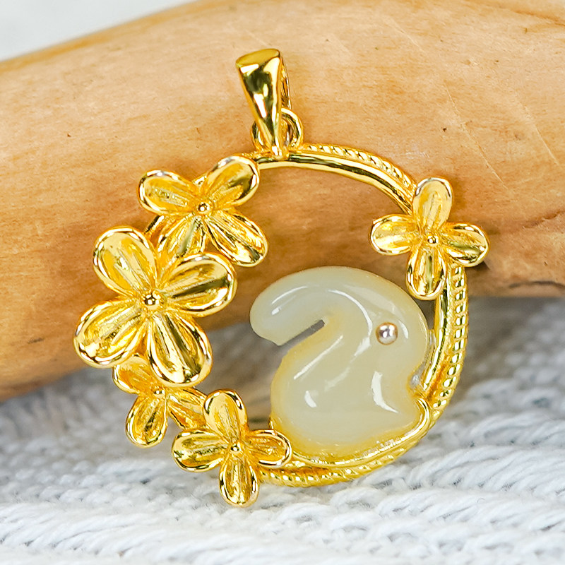 生日礼物儿童挂件前兔无量和田玉五朵桂花环绕吊坠赠送素色链