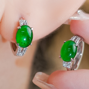 洛丽亚天然翡翠A货银镶精致冰辣绿翡翠椭圆蛋面耳扣耳钉耳环