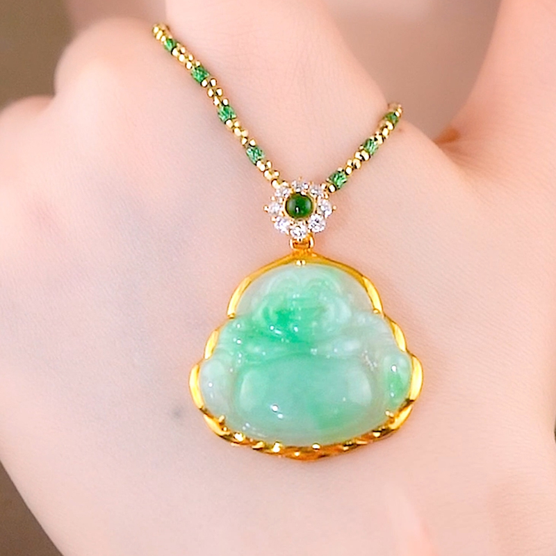 14K金镶翡翠a货飘阳绿弥勒佛笑口常开佛公吊坠一点绿花扣头