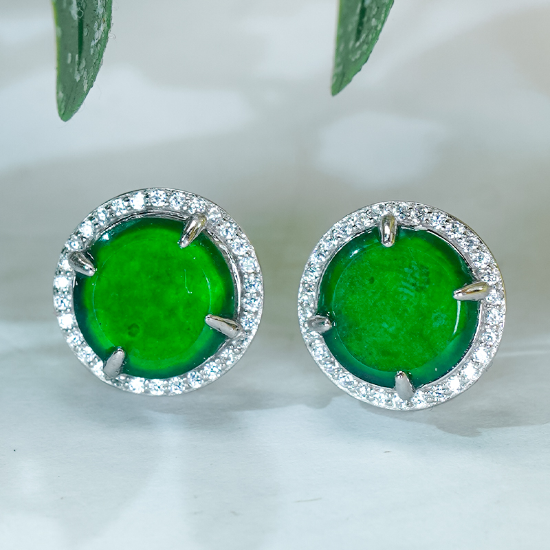 洛丽亚天然翡翠A货时尚925银镶嵌简约满绿龙石圆牌耳钉耳饰