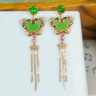 情人节礼物18k金镶玉天然和田玉精致蛋面设计碧玉蝴蝶流苏耳钉