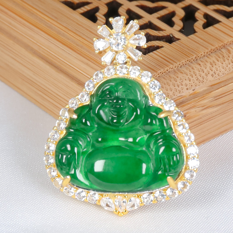 情人节礼物天然翡翠A货精致百搭满辣绿大肚弥勒佛佛公吊坠送老婆