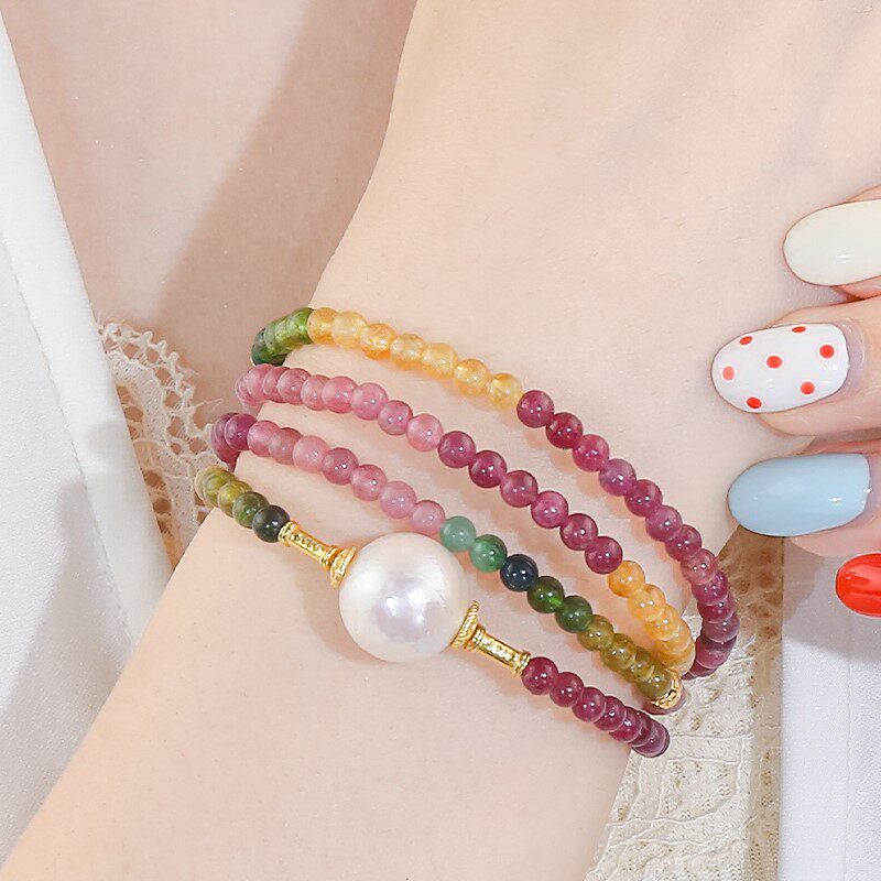 银925镶嵌时尚高级设计感天然碧玺彩虹手链项链（配珠珍珠）