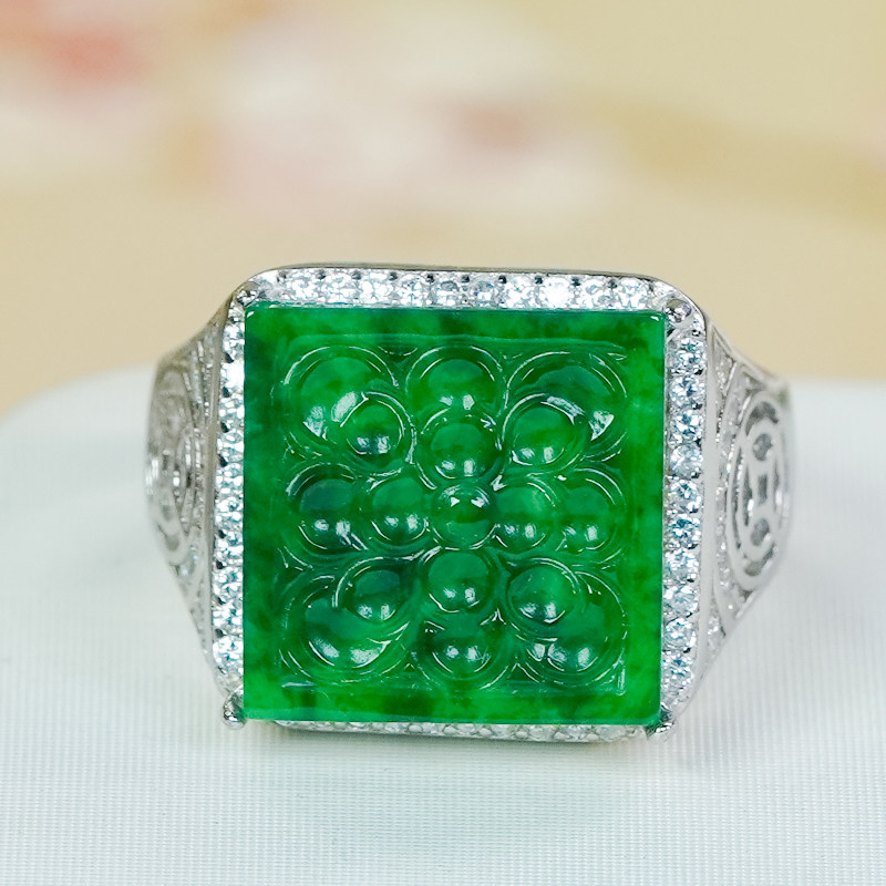 情人节礼物天然翡翠戒指a货辣绿雕花大气镂空翡翠无事牌马鞍戒