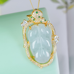 新客大放漏-翡翠吊坠时髦璀璨镶嵌叶子设计天然缅料A货925银镶嵌