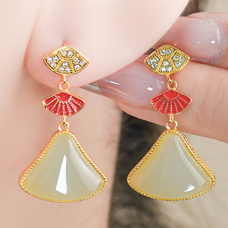 新年送礼送女友天然和田玉银镶珐琅扇形设计感白玉小裙子耳钉,珠宝/钻石/翡翠,耳饰,淘宝优惠券,粉丝福利购,淘宝优惠卷