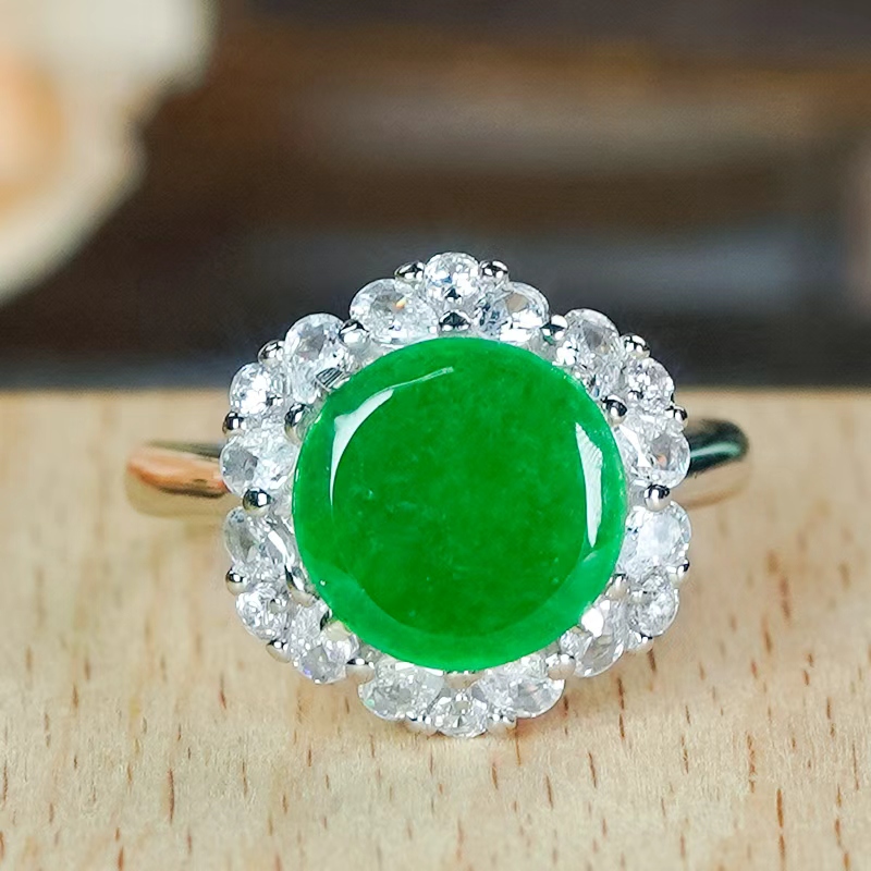 天然翡翠戒指银镶嵌时尚豪镶不规则满绿龙石翡翠绿圆牌戒指活口