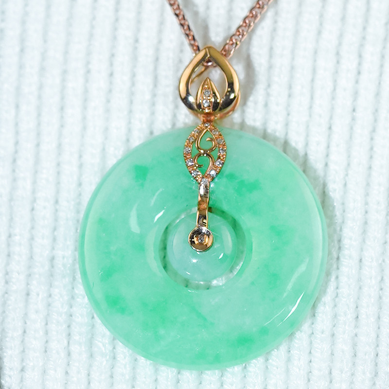 新年礼物18K金镶玉水滴扣头天然翡翠A货高冰阳绿双圆平安扣吊坠