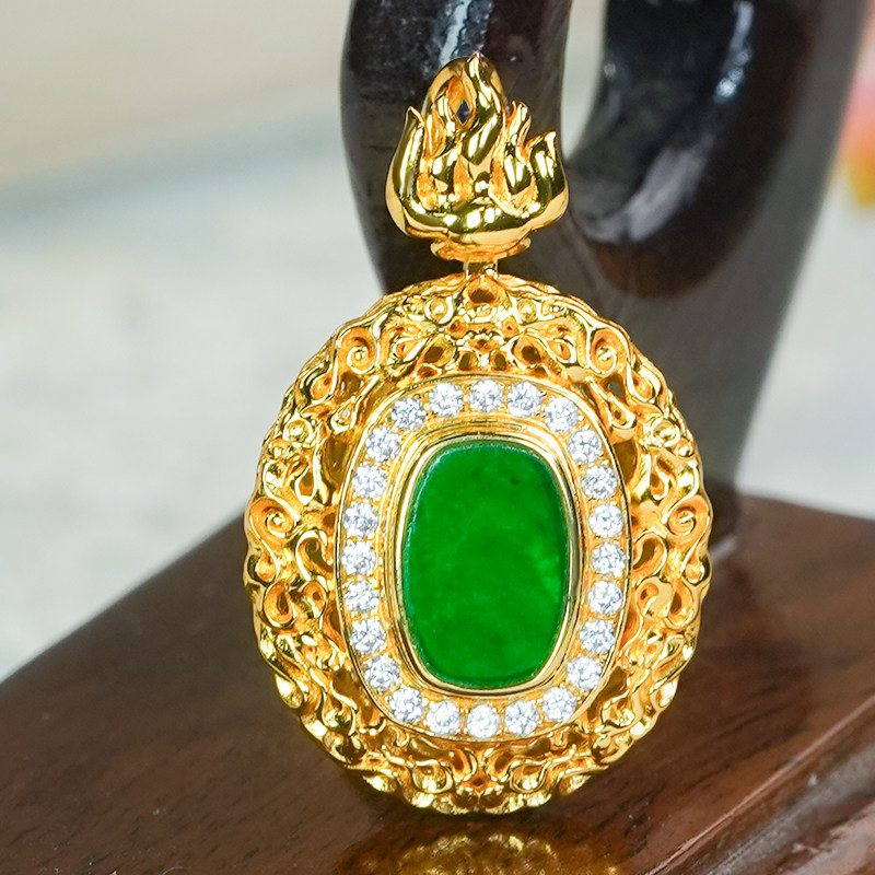 银镶嵌天然无事牌翡翠吊坠新中式国风佛手扣头满绿镂空椭圆项链