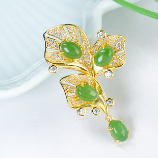 925银镶嵌金枝玉叶精美时尚设计感和田玉碧玉兰花蛋面吊坠送爱人