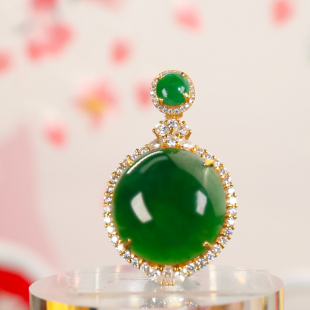 14k金镶嵌缅甸A货辣绿蛋面翡翠吊坠情人节礼物（小尺寸）
