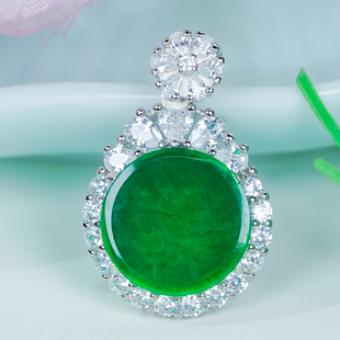 天然翡翠A货银镶嵌精致豪镶花蕊扣头龙石辣绿翡翠圆牌单吊坠