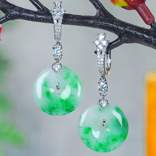 天然翡翠耳环A货银镶嵌气质轻奢大气高级感飘花翡翠平安扣耳扣