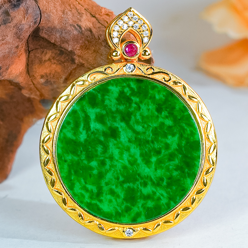 天然翡翠饰品A货银镶嵌祥云国风配饰辣阳绿翡翠绿圆牌吊坠(大号)