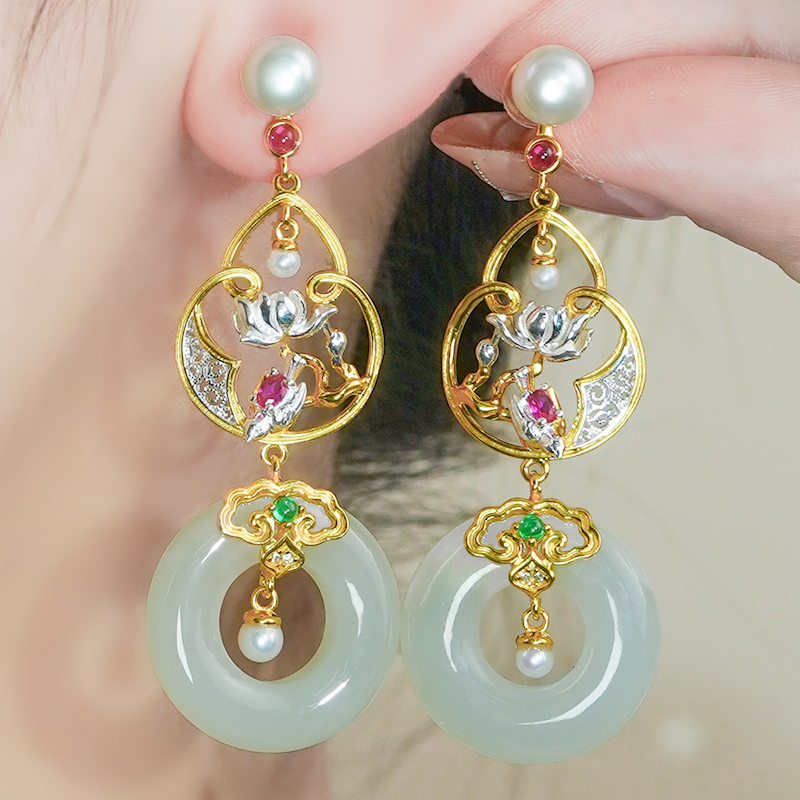 天然和田玉白玉甜甜圈耳环