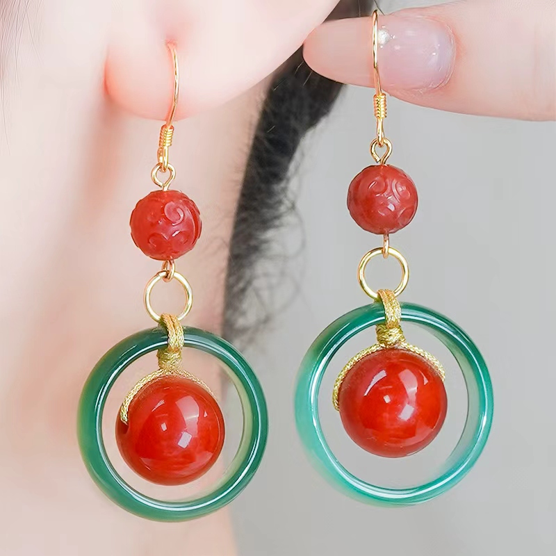 天然红玛瑙耳环甜甜圈双圆耳钩