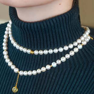 妈妈生日礼物时尚雕刻高级感银镶天然淡水珍珠平安扣圆珠吊坠项链