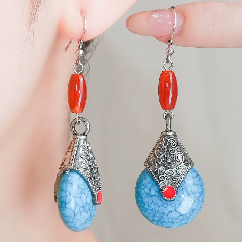 天然红玛瑙镶嵌大气精致复古中式配饰平安扣耳环耳钩耳坠