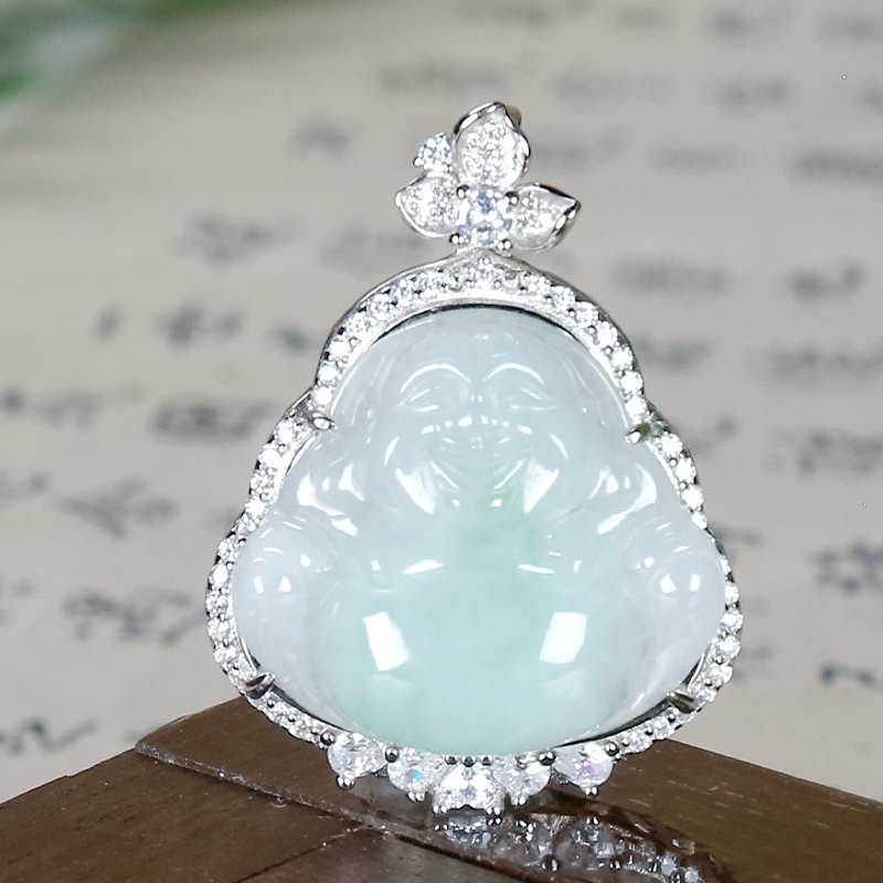 生日礼物天然翡翠A货银镶嵌冰润花瓣扣头飘绿翡翠大肚佛公单吊坠