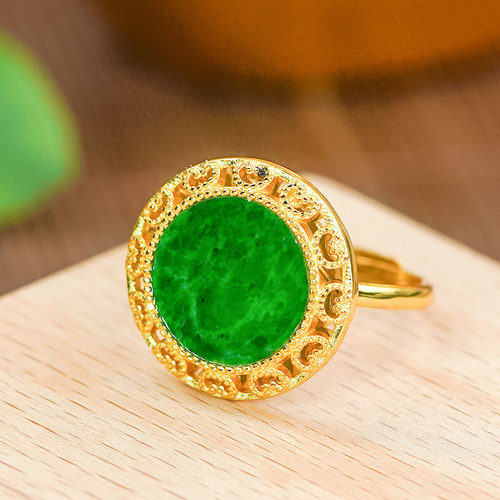 天然翡翠A货银镶嵌时尚爱心设计花丝工艺辣阳绿翡翠圆牌戒指