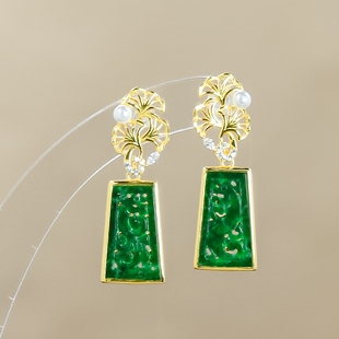 天然翡翠A货925银镶嵌精致雕花设计珍珠枫叶无事牌耳钉情人节送礼