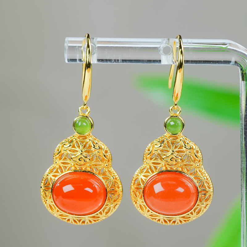 洛丽亚天然南红玛瑙银镶嵌时尚镂空花丝工艺葫芦蛋面耳环耳钩