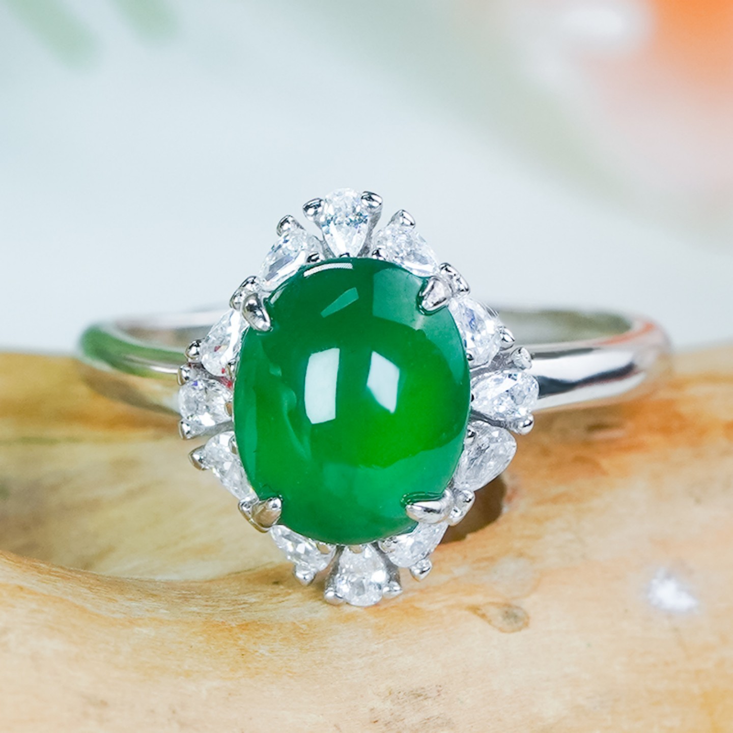 银镶A货冰辣绿翡翠活口戒