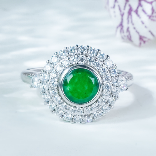 翡翠戒指天然翡翠A货豪镶时尚满绿龙石圆牌银镶嵌