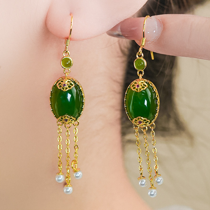 天然和田玉银镶精致镂空设计感碧玉菠菜绿流苏蛋面耳环耳坠耳钩,珠宝/钻石/翡翠,耳饰,淘宝优惠券,粉丝福利购,淘宝优惠卷