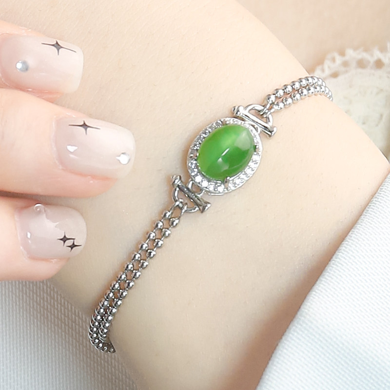 天然和田玉银镶玉精致时尚和田玉碧玉猫眼手链送女友送老婆礼物