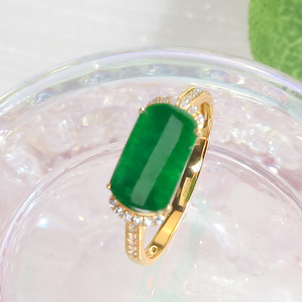 送老婆14K金满绿天然翡翠金镶戒指节日送礼