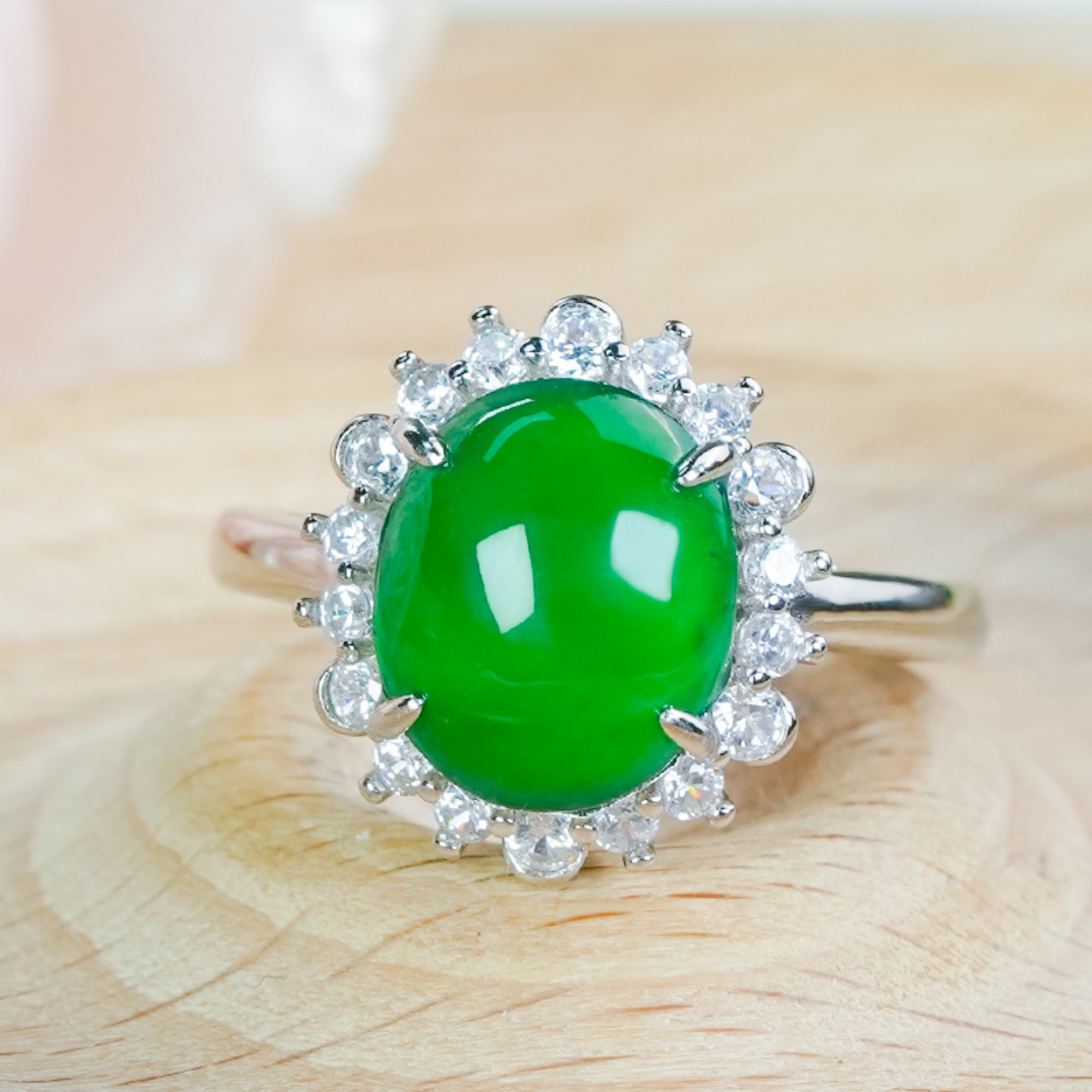 银镶A货满绿翡翠活口戒
