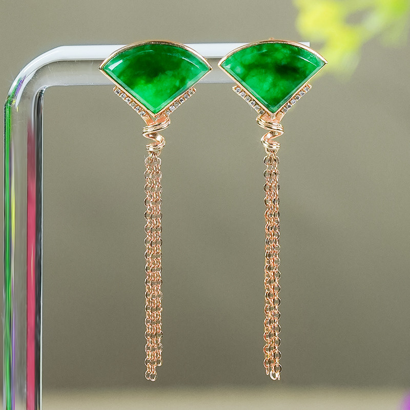 18k金镶玉天然A货翡翠耳环精致流苏飘花辣绿扇形翡翠耳钉(玫瑰金)