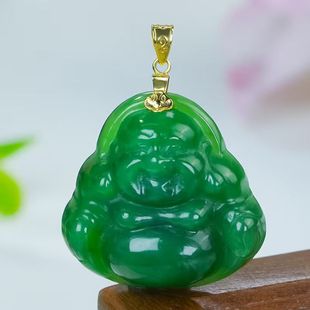 洛丽亚18k金镶嵌天然和田玉碧玉佛公吊坠时尚 雕刻如意扣头百搭款