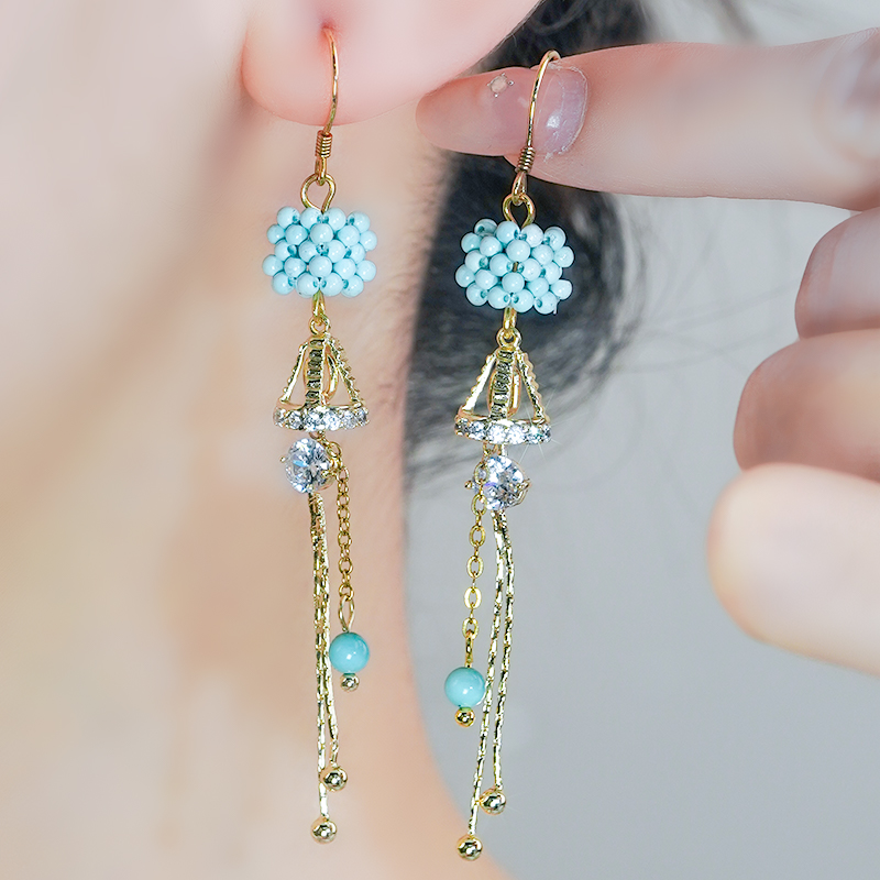 天然绿松石银镶嵌小圆珠耳环耳钩