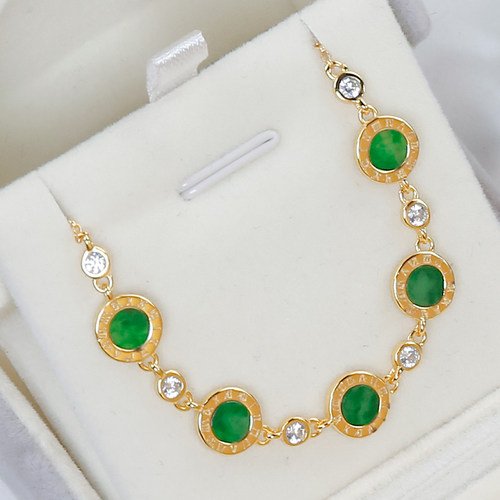 送礼天然翡翠A货银镶嵌时尚百搭罗马数字辣绿翡翠小圆牌五福手链