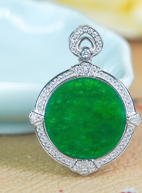 新款精致百搭豪镶竹节设计天然满辣绿翡翠A货银白色圆牌吊坠s88