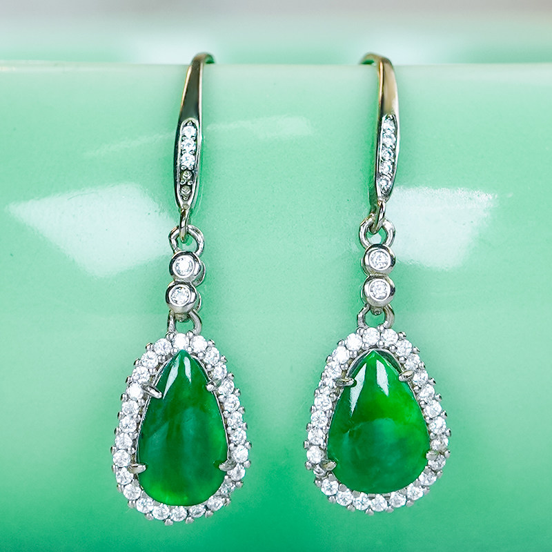 天然翡翠A货银镶嵌精致长款设计满绿龙石翡翠水滴耳环耳钩