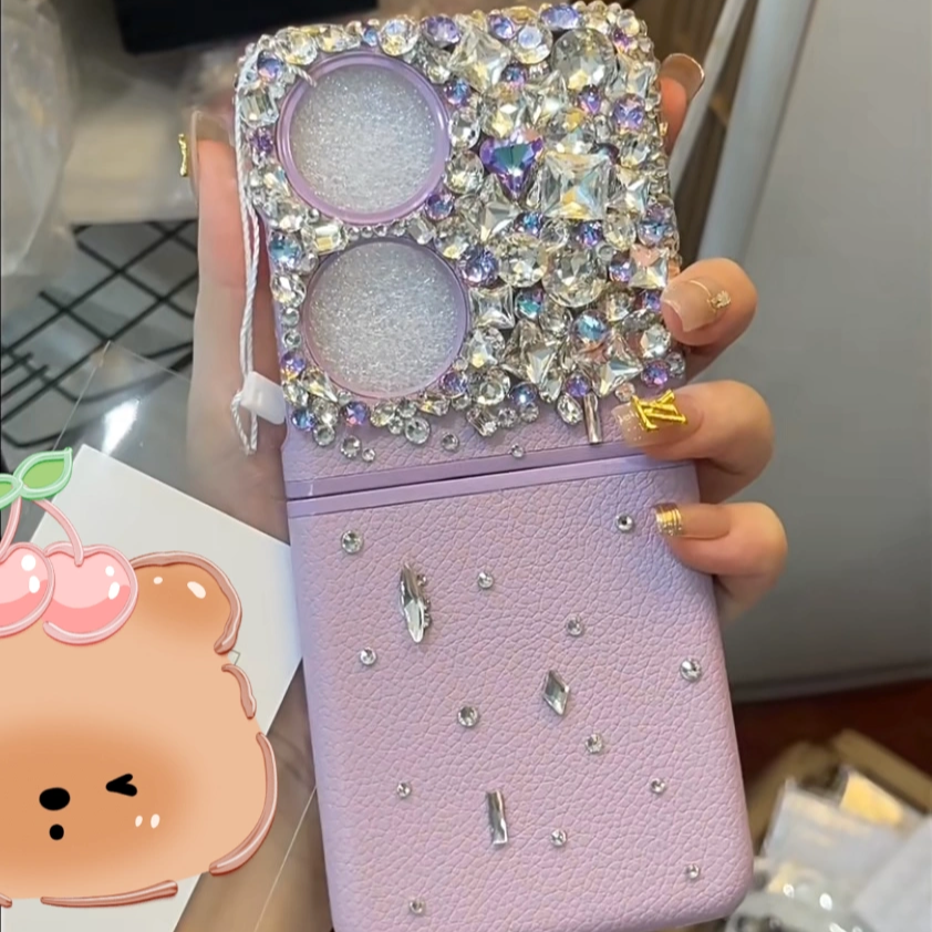 适用华为p50pocket折叠屏闪钻手机壳pockets镶钻保护套华为小折叠贴钻外壳手机宝盒高级感紫色皮质水钻壳女
